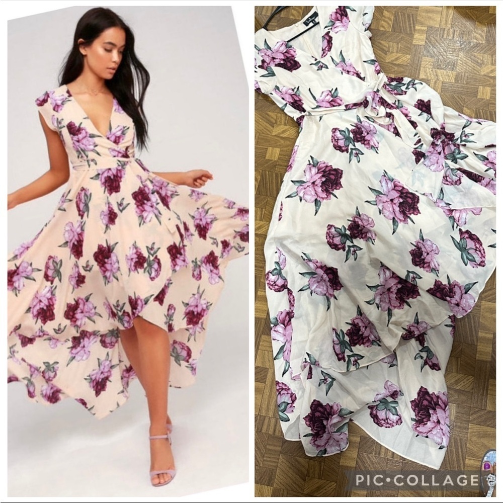 Lulu's Cream Floral Maxi Dress with Pink Accents medium